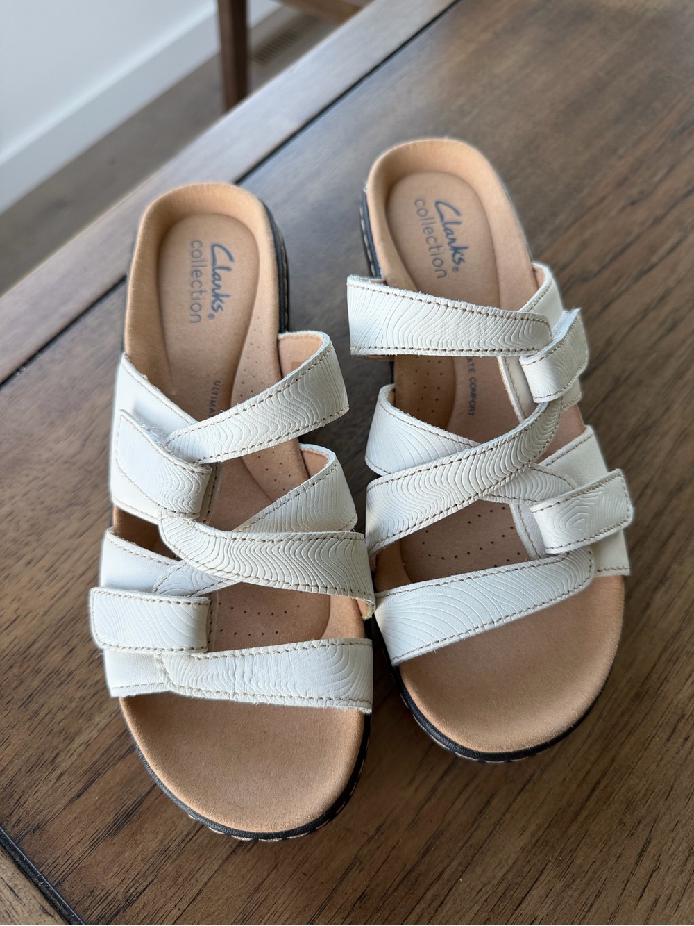 Clarks Cream Multi-Strap Leather Slide Sandals